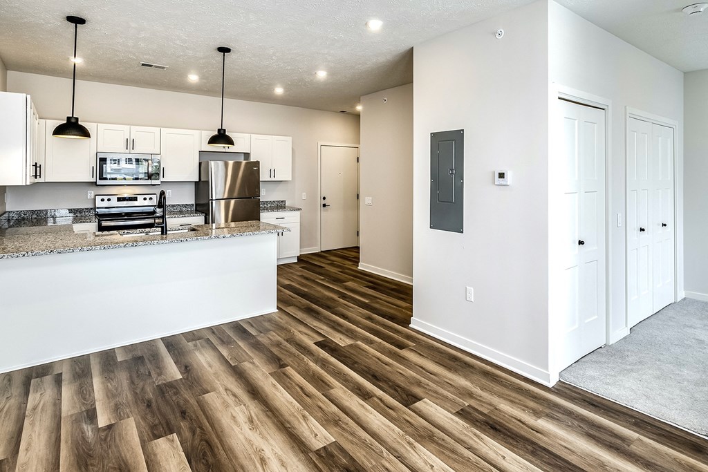 Studio, one and two bedroom apartment homes featuring stainless steel appliances, luxury vinyl floor, granite countertops, large closets and full-size washer and dryer at The Parker in Papillion, NE