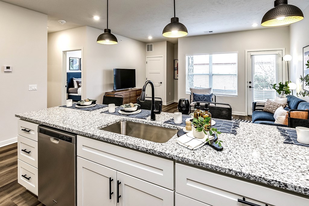 Studio, one and two bedroom apartment homes featuring stainless steel appliances, luxury vinyl floor, granite countertops, large closets and full-size washer and dryer at The Parker in Papillion, NE
