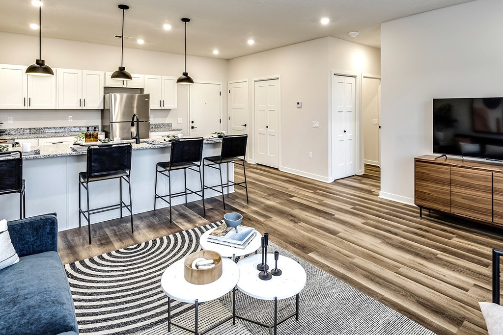 Studio, one and two bedroom apartment homes featuring stainless steel appliances, luxury vinyl floor, granite countertops, large closets and full-size washer and dryer at The Parker in Papillion, NE