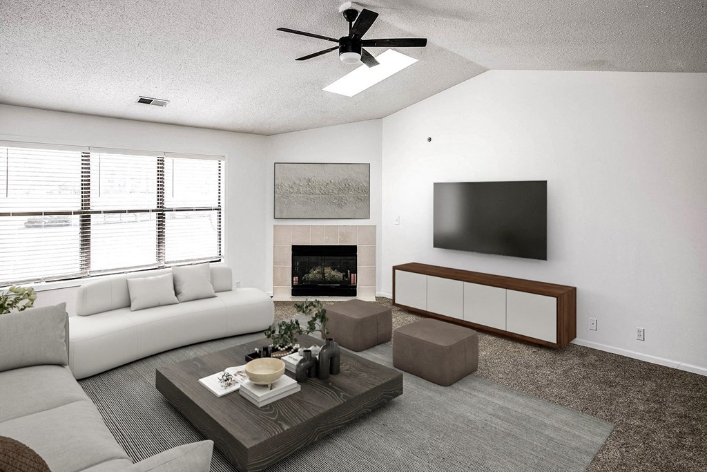 Living room with fireplace at Parkwood Terrace in Omaha, NE