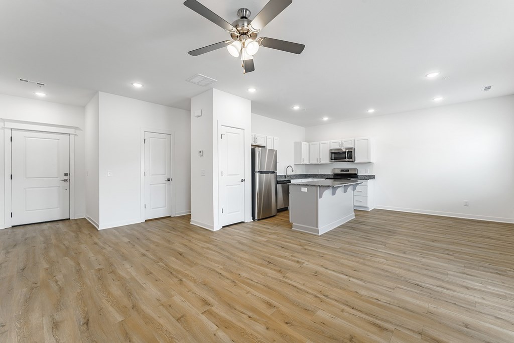 Spacious kitchen with modern lighting at Shadowbrooke Village in Rogers, AR