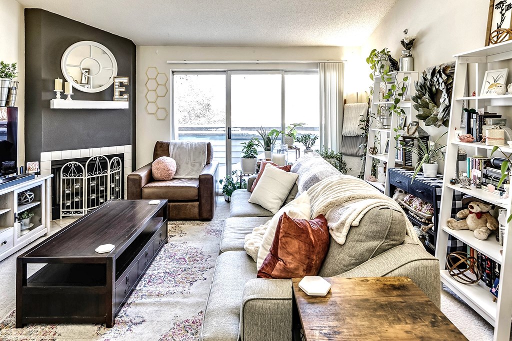 a living room with a couch and a coffee table