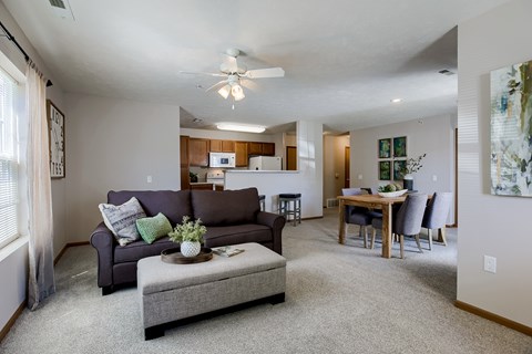 A living room with a grey couch and a grey ottoman.