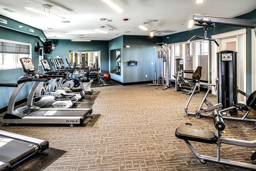 Large fitness center at Sterling at Prairie Trail in Ankeny, IA
