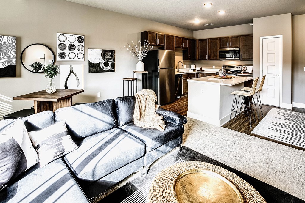 Modern living room with natural lighting at Sterling at Prairie Trail in Ankeny, IA