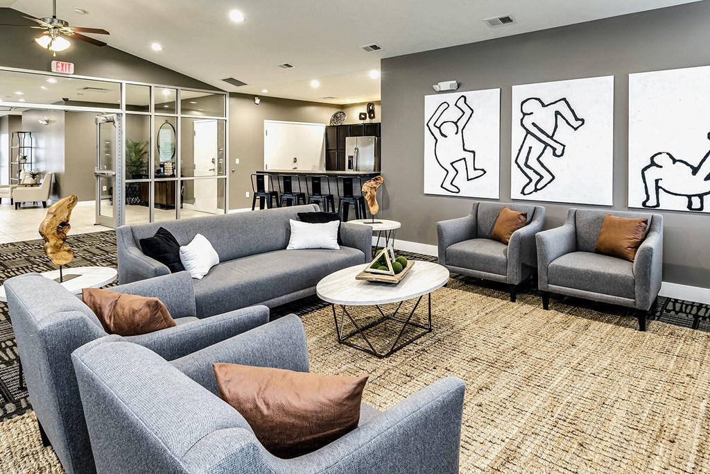 Clubhouse Lounge area with Keith Haring Artwork at Tamarin Ridge in Lincoln, NE