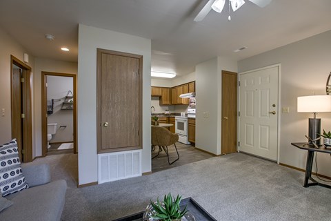A living room with a grey carpet and a wooden cabinet.