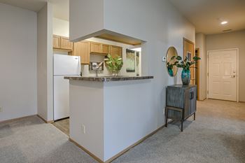 A kitchen island with a refrigerator and a plant on it.