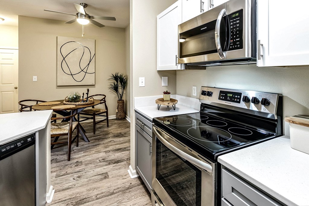 Kitchen with stainless steel appliances at The Vue in Bellevue, NE