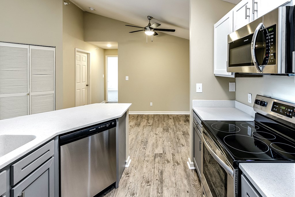 Kitchen with stainless steel appliances at The Vue in Bellevue, NE