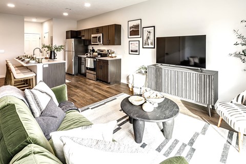 a living room with a couch and a table