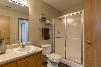 A bathroom with a toilet, sink, and mirror.
