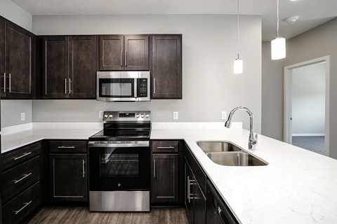 A modern kitchen with dark brown cabinets and stainless steel appliances.