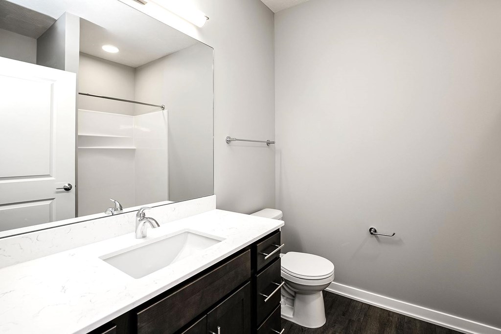 Studio, one-, two-, and three-bedroom apartment homes featuring stainless steel appliances, luxury wood-style plank flooring, walk-in closets, in-unit washer and dryer, and smart locks at VUE19 in Bellevue, NE