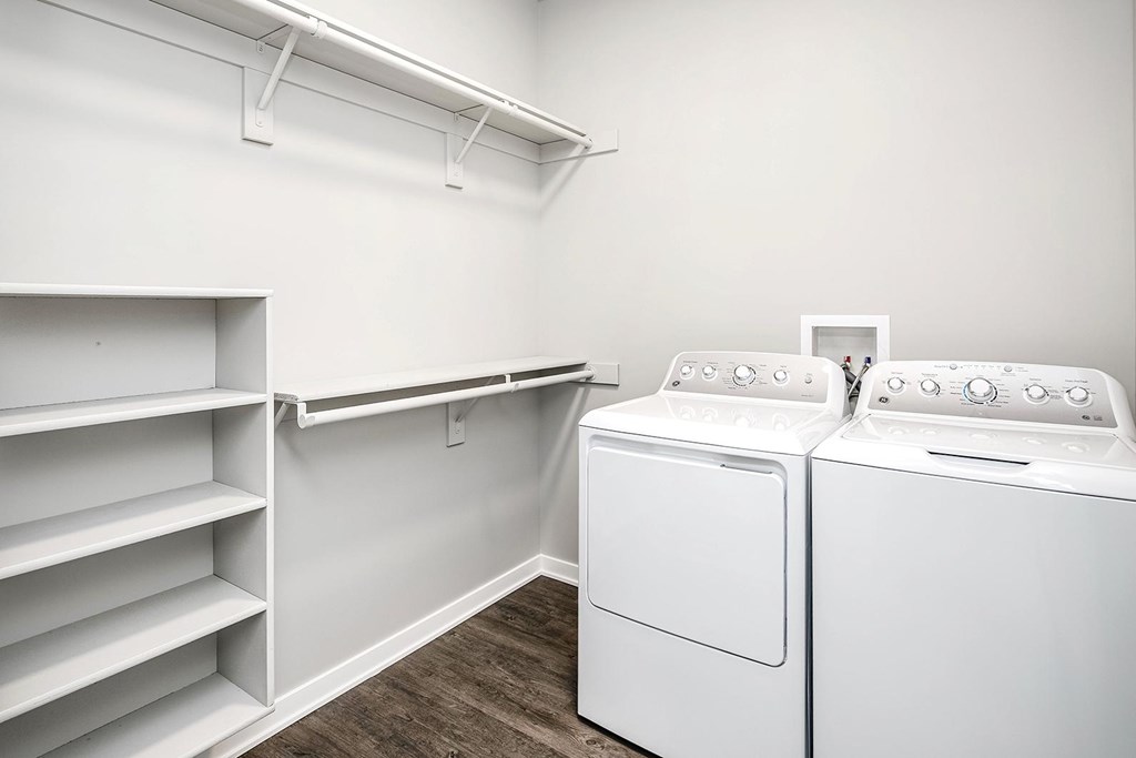 Studio, one-, two-, and three-bedroom apartment homes featuring stainless steel appliances, luxury wood-style plank flooring, walk-in closets, in-unit washer and dryer, and smart locks at VUE19 in Bellevue, NE