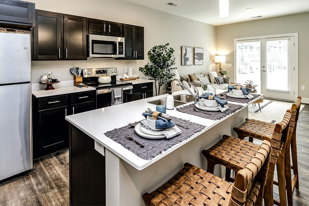 Large kitchens with quarts countertops at The Westline at Flanagan Lake in Omaha, NE