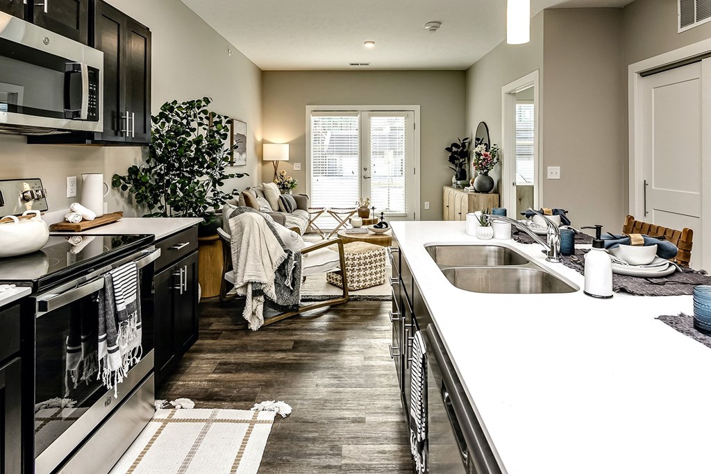 Large kitchens with quarts countertops at The Westline at Flanagan Lake in Omaha, NE