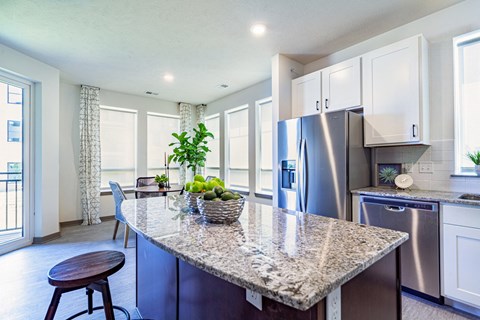 Large kitchens with stainless steel appliances at Park125 West Dodge apartments in Omaha, NE