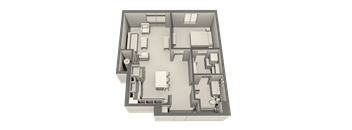 A 3D floor plan of a house with a kitchen, living room, and two bedrooms.