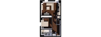 A 3D rendered image of a modern apartment layout.