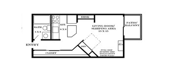 A floor plan of a small apartment with a bedroom, living room, and bathroom.