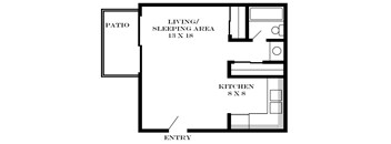 A black and white image of a floor plan for a home with a living/sleeping area, kitchen, patio and entry.
