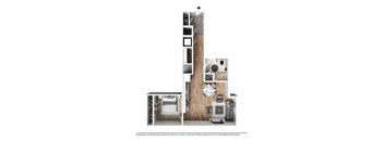 A floor plan of a two-story apartment with a kitchen, living room, and bedrooms.