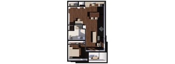 A floor plan of a house with a kitchen, living room, and two bedrooms.