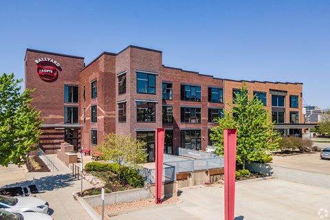 A red building with the words