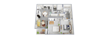 A 3D floor plan of a house with a kitchen, living room, dining room, and two bedrooms.