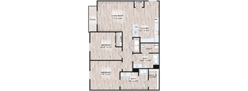 A floor plan of a house with a living room, kitchen, two bedrooms, a bathroom, and a patio.