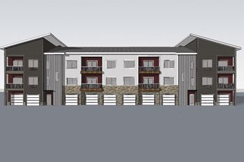 a rendering of a three story apartment building with balconies