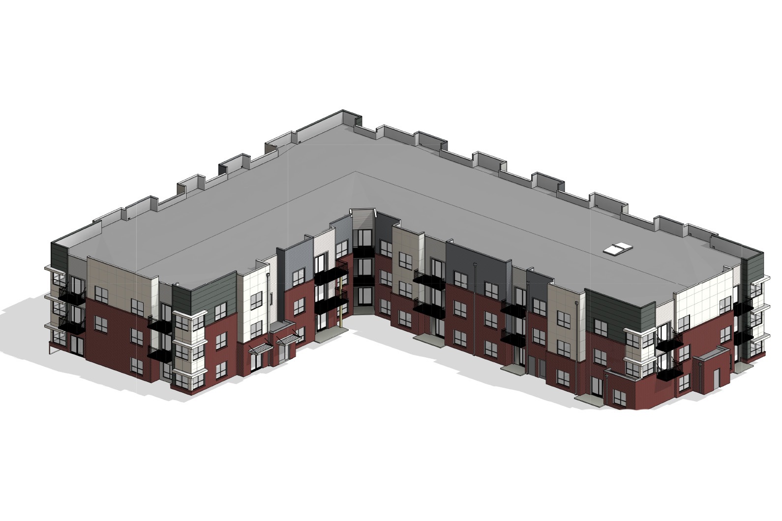 A 3D rendered image of a multi-story building.