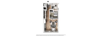 A floor plan of a small apartment with a kitchen, living room, and bedroom.