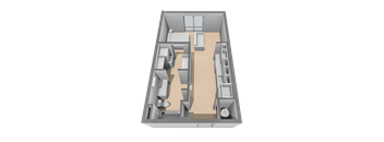 A 3D rendered image of a house layout.
