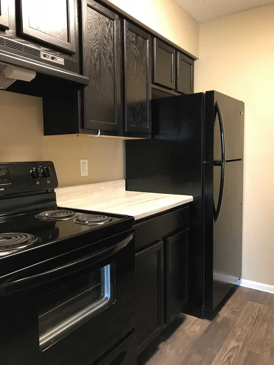a kitchen with black cabinets and a stove and a refrigerator