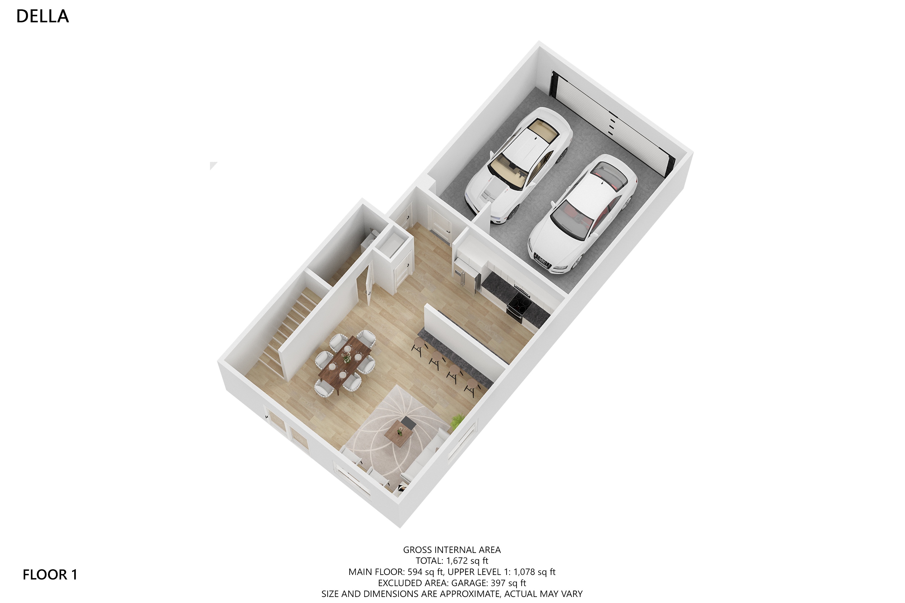 A floor plan of a small apartment with a kitchen, living room, and two bedrooms.
