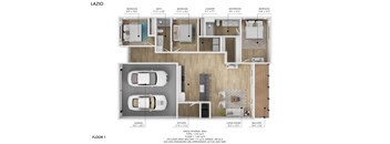 A floor plan of a home with a living room, two kitchens, two bathrooms, two bedrooms, a garage, and a balcony.