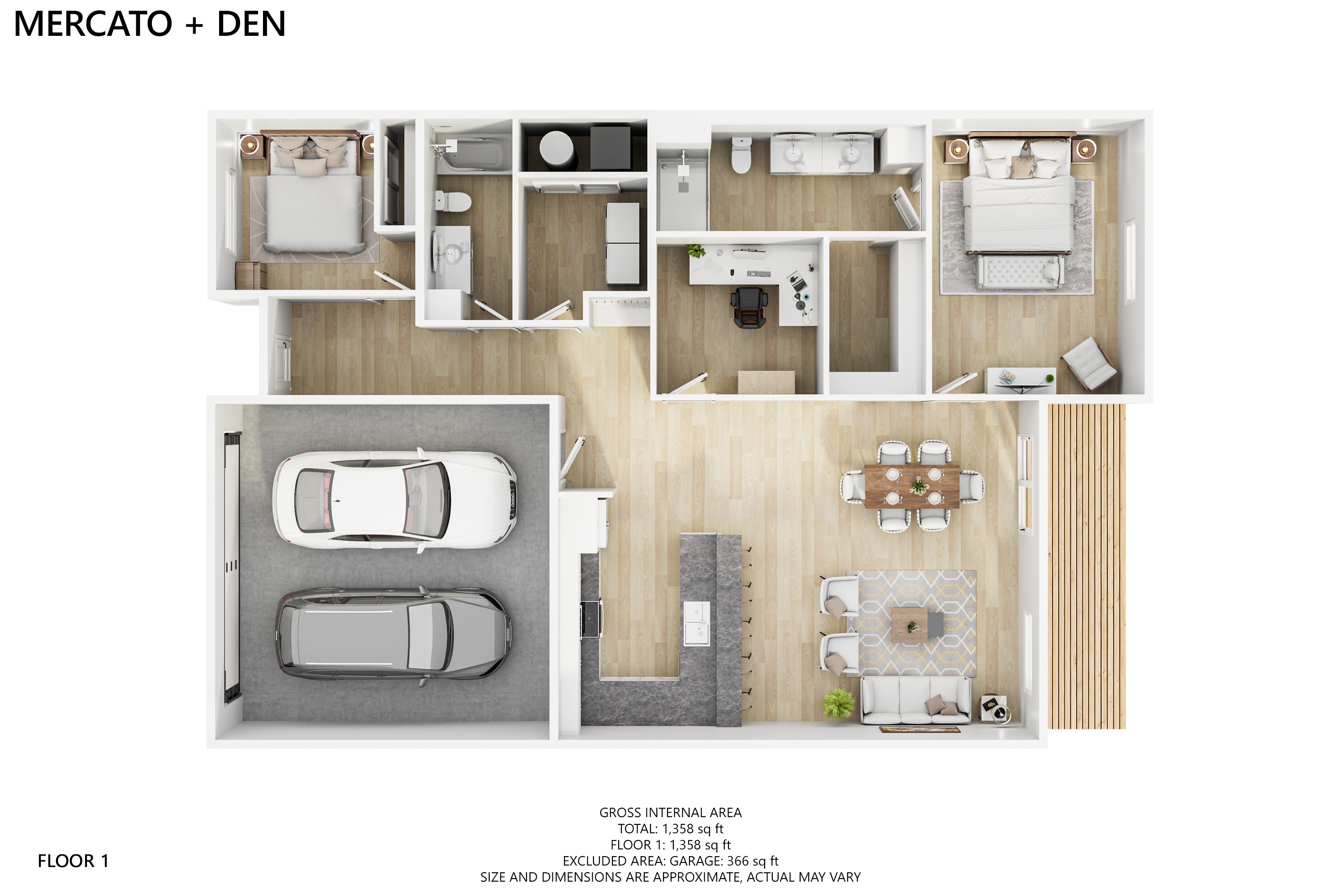A Mercato + Den floor plan shows a kitchen, dining area, living room, and two bedrooms.
