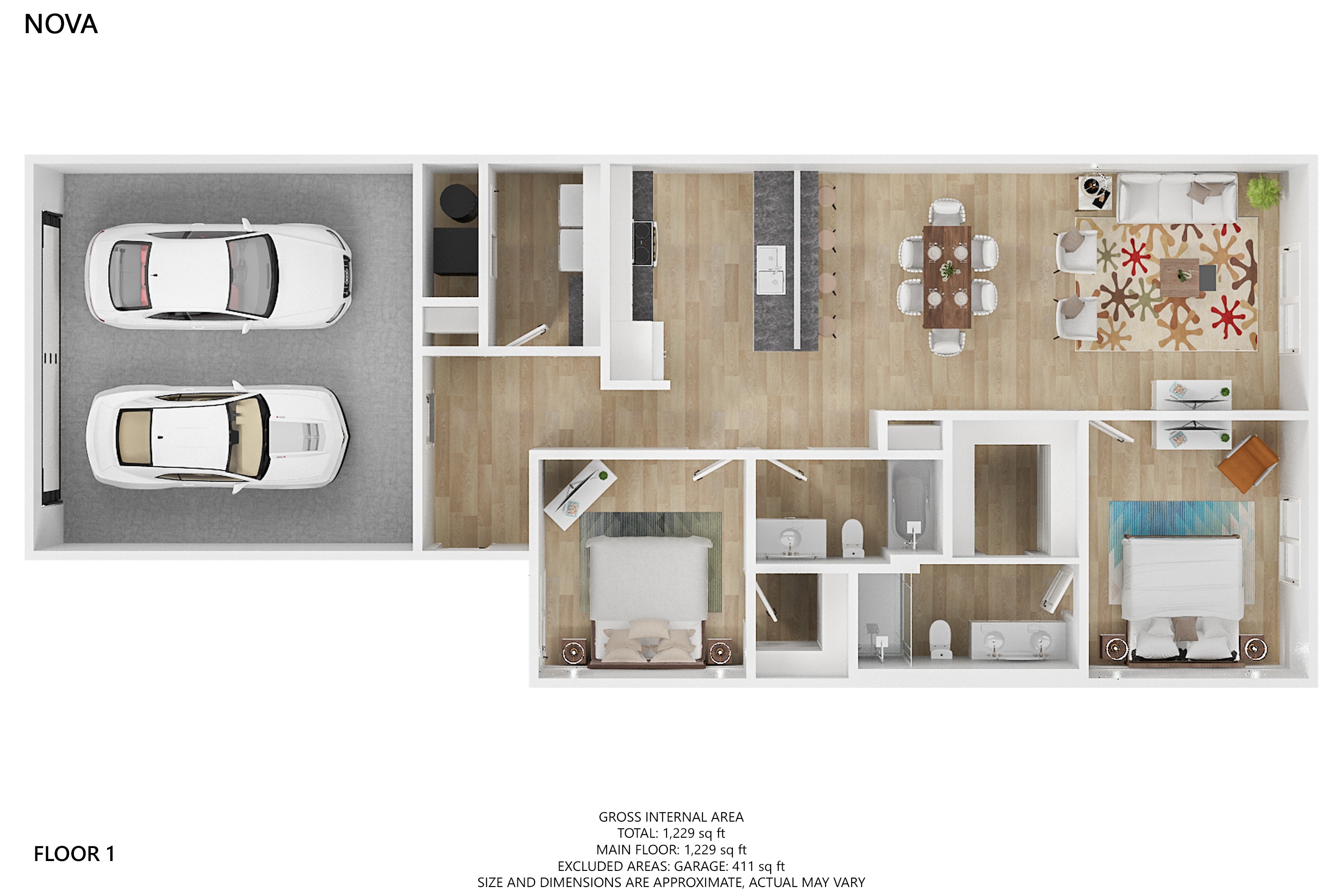 A floor plan of a one bedroom apartment with a living room, kitchen, and bathroom.
