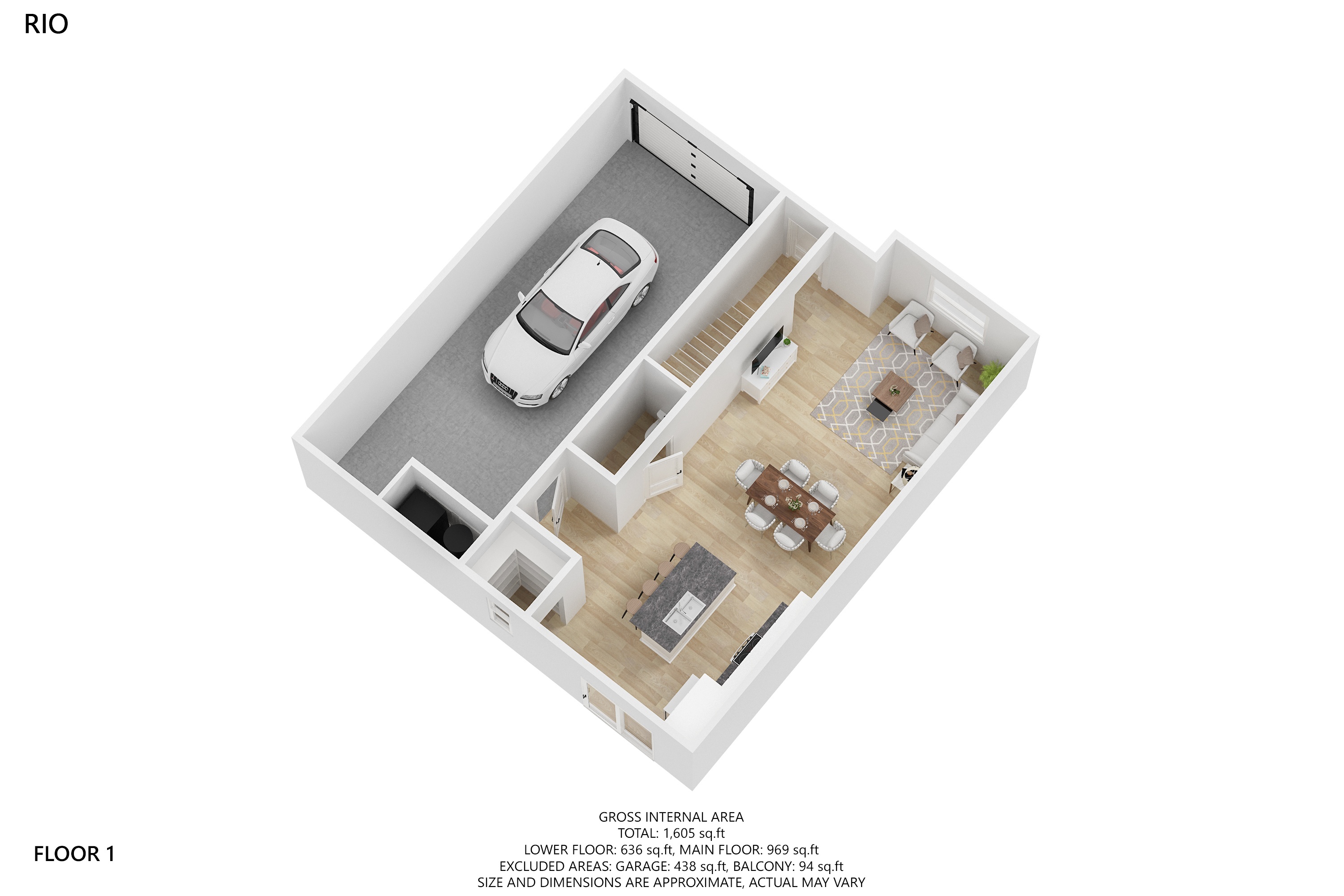 A floor plan of a one bedroom apartment with a living room, kitchen and bathroom.