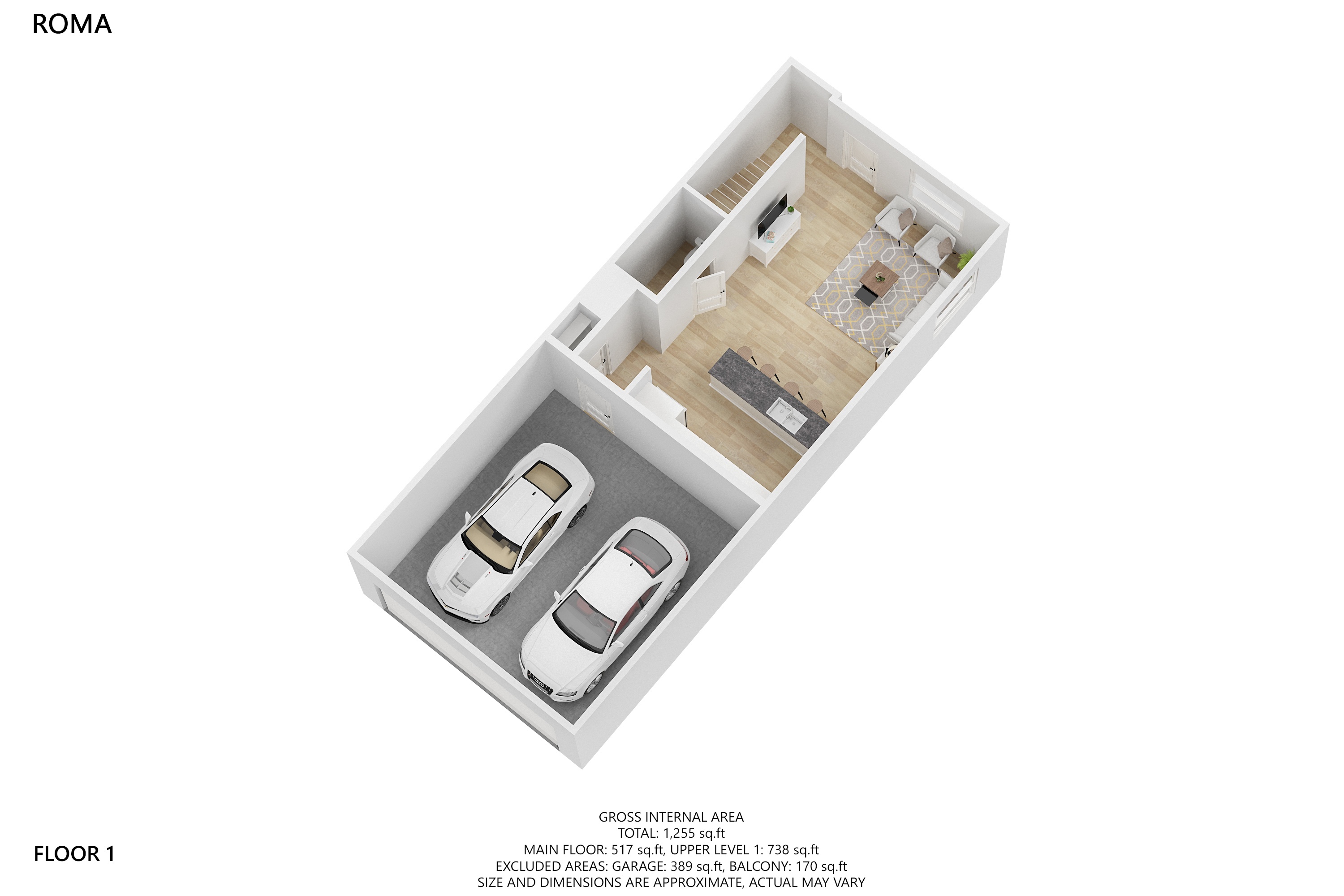 A floor plan of a Rome apartment with a living room, kitchen, and two bedrooms.
