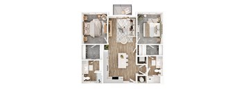 A top-down view of a modern bathroom with a large mirror, sink, and toilet.