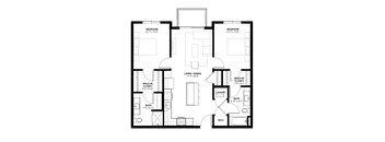 A black and white image of a floor plan for a home with two bedrooms, a living room, a dining room, a laundry room, a bathroom, a walk-in closet, and a mech.