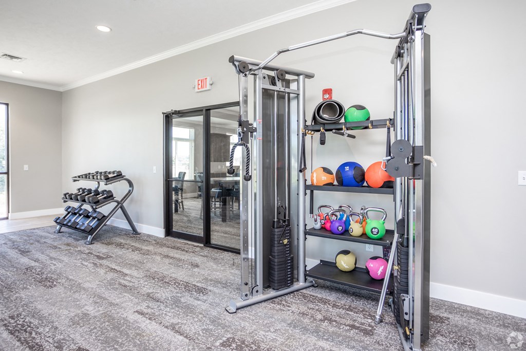Fully-equipped fitness center at RiverPointe Apartments in South Sioux City, NE