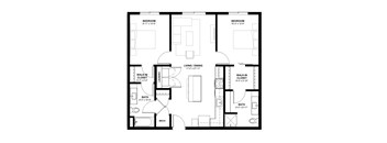 A black and white image of a house floor plan with two bedrooms, a living and dining area, two bathrooms, a laundry area, a walk-in closet, and a mech.