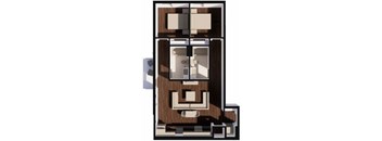 A 3D image of a house layout with a kitchen, living room, and two bedrooms.