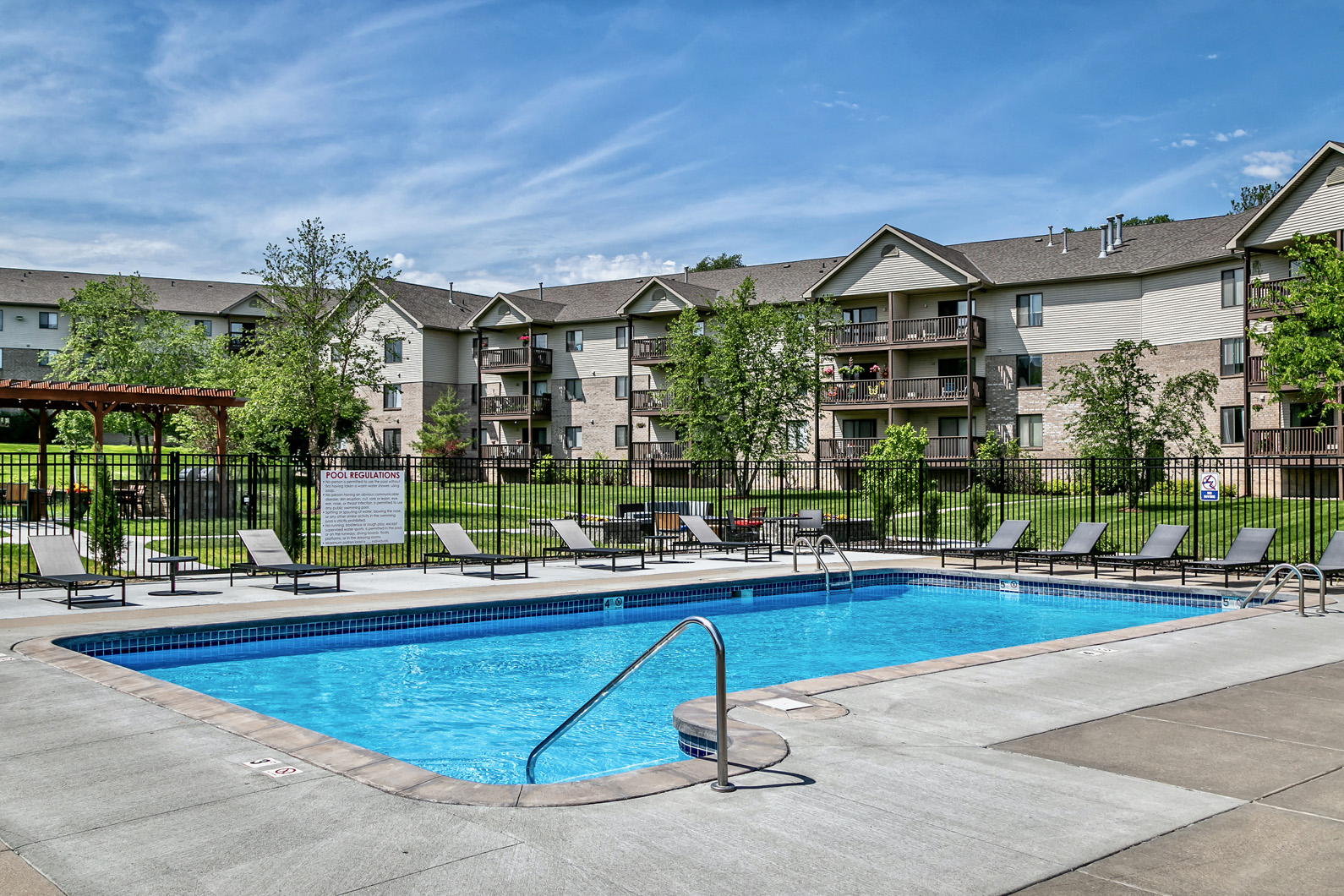 our apartments have a resort style pool with lounge chairs