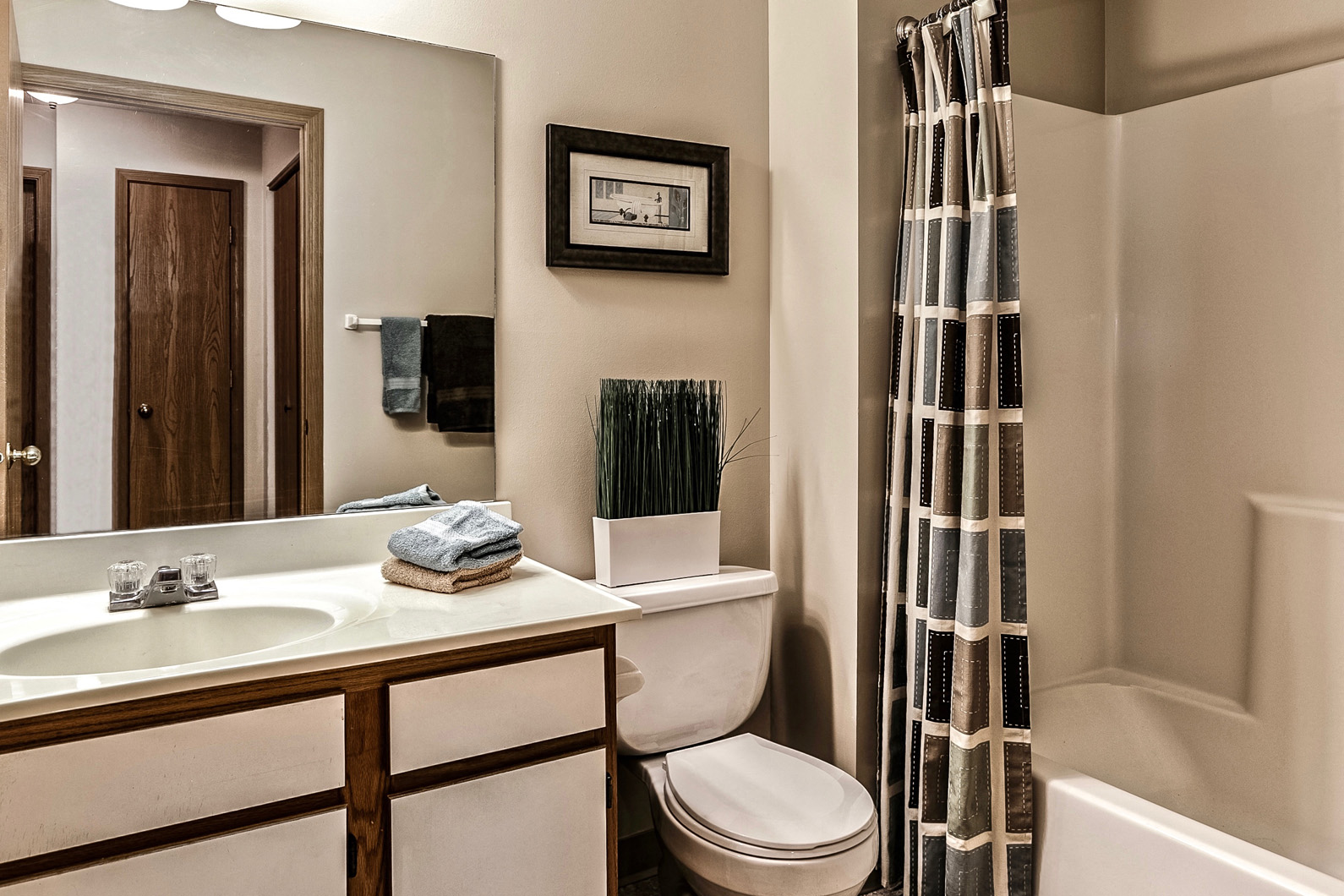 a bathroom with a toilet sink and a shower and a mirror