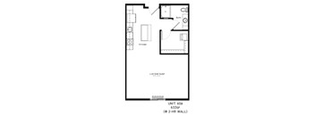 A floor plan of a 2-hour wall apartment with a kitchen and a bath.
